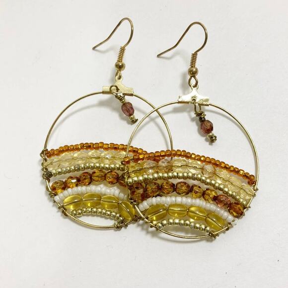 Amber color beaded hoop earrings, gold tone pierced dangles, fashion jewelry - Picture 2 of 4